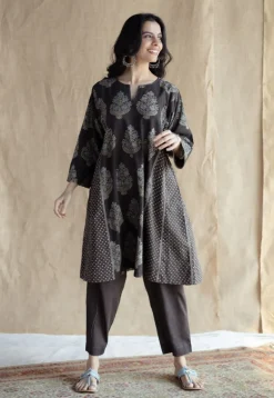 Tania Charcoal Ajrakh Cotton Jhabba Kali Kurta with Hand Embroidery