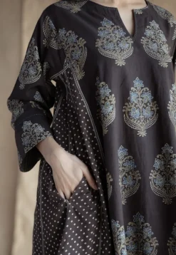 Tania Charcoal Ajrakh Cotton Jhabba Kali Kurta with Hand Embroidery