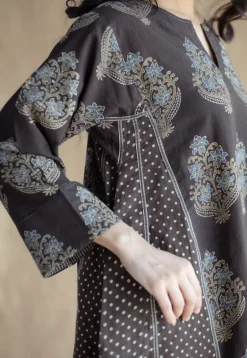 Tania Charcoal Ajrakh Cotton Jhabba Kali Kurta with Hand Embroidery