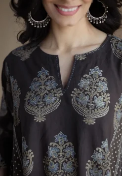 Tania Charcoal Ajrakh Cotton Jhabba Kali Kurta with Hand Embroidery