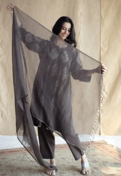Tania Charcoal Ajrakh Cotton Jhabba Kali Kurta with Hand Embroidery