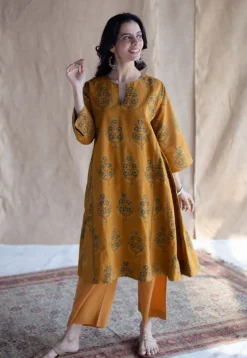 Trisha Mustard Ajrakh Cotton Jhabba Kali Kurta with Hand Embroidery
