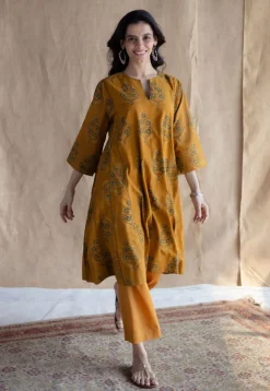 Trisha Mustard Ajrakh Cotton Jhabba Kali Kurta with Hand Embroidery