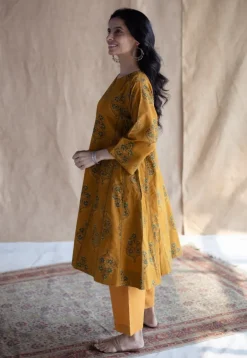 Trisha Mustard Ajrakh Cotton Jhabba Kali Kurta with Hand Embroidery