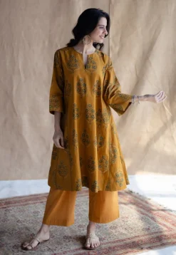 Trisha Mustard Ajrakh Cotton Jhabba Kali Kurta with Hand Embroidery