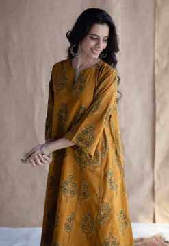 Trisha Mustard Ajrakh Cotton Jhabba Kali Kurta with Hand Embroidery