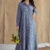 Trusha Blue Sanganeri Slub Cotton A Line Dress