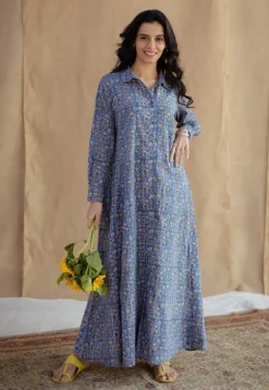 Trusha Blue Sanganeri Slub Cotton A Line Dress