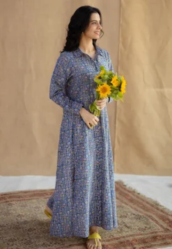 Trusha Blue Sanganeri Slub Cotton A Line Dress