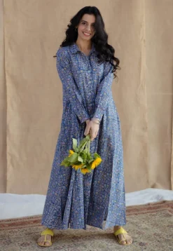 Trusha Blue Sanganeri Slub Cotton A Line Dress