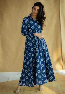 Trusha Indigo Bagru Slub Cotton A Line Dress