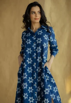 Trusha Indigo Bagru Slub Cotton A Line Dress