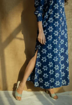 Trusha Indigo Bagru Slub Cotton A Line Dress