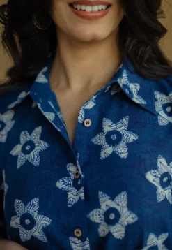 Trusha Indigo Bagru Slub Cotton A Line Dress
