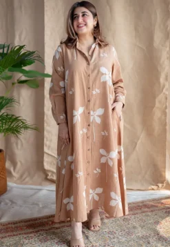 Trusha Light Brown A Line Dabu Slub Cotton Dress