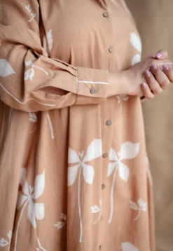 Trusha Light Brown A Line Dabu Slub Cotton Dress