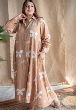 Trusha Light Brown A Line Dabu Slub Cotton Dress