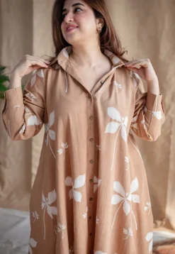 Trusha Light Brown A Line Dabu Slub Cotton Dress