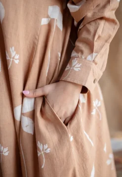 Trusha Light Brown A Line Dabu Slub Cotton Dress