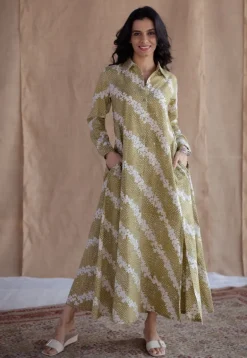 Trusha Moss Green Batik Cotton A Line Dress