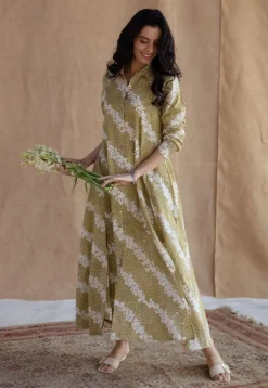 Trusha Moss Green Batik Cotton A Line Dress