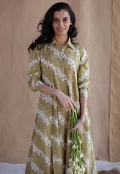 Trusha Moss Green Batik Cotton A Line Dress