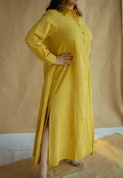 Trusha Yellow Dabu Slub Cotton A Line Dress