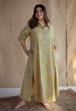 Trusha Yellow Sanganeri Slub Cotton A Line Dress