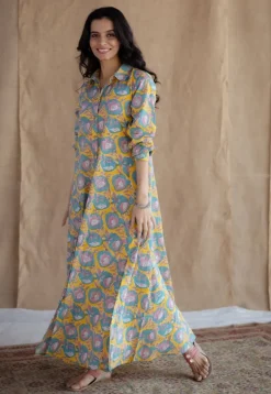 Trusha Yellow Sanganeri Slub Cotton A Line Dress