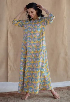 Trusha Yellow Sanganeri Slub Cotton A Line Dress