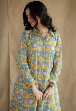 Trusha Yellow Sanganeri Slub Cotton A Line Dress