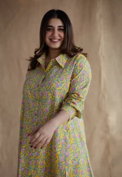 Trusha Yellow Sanganeri Slub Cotton A Line Dress