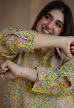 Trusha Yellow Sanganeri Slub Cotton A Line Dress