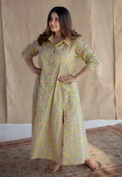 Trusha Yellow Sanganeri Slub Cotton A Line Dress