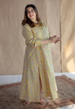 Trusha Yellow Sanganeri Slub Cotton A Line Dress