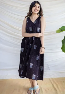 Unnati Black Ajrakh Cotton A Line Dress