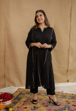 Vamika Mulmul Cotton Black Jhabba Kali Kurta Set (Set of 3)