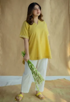 Varisha Mustard Solid Slub Cotton Anti-Fit Short Top with Hand Embroidery