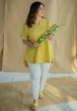 Varisha Mustard Solid Slub Cotton Anti-Fit Short Top with Hand Embroidery