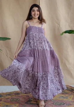 Vihaa Lavender Batik MulMul Cotton A Line Dress