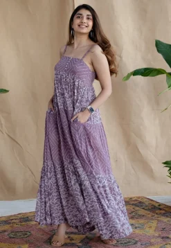 Vihaa Lavender Batik MulMul Cotton A Line Dress
