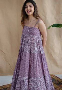 Vihaa Lavender Batik MulMul Cotton A Line Dress