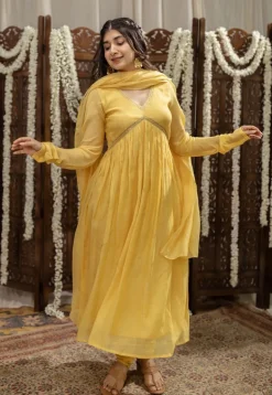 Vrishti Yellow Chanderi Silk A Line Hand Embroidered Kurta Set (Set of 3)