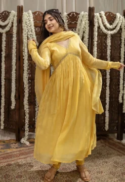 Vrishti Yellow Chanderi Silk A Line Hand Embroidered Kurta Set (Set of 3)
