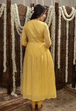 Vrishti Yellow Chanderi Silk A Line Hand Embroidered Kurta Set (Set of 3)