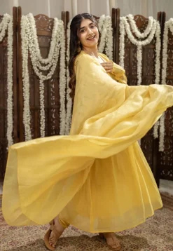 Vrishti Yellow Chanderi Silk A Line Hand Embroidered Kurta Set (Set of 3)