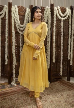 Vrishti Yellow Chanderi Silk A Line Hand Embroidered Kurta Set (Set of 3)