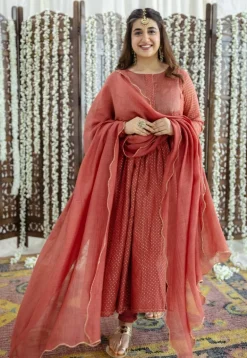 Vrunda Brick Red Rogan Chanderi Silk A Line Kurta Set (Set of 3)