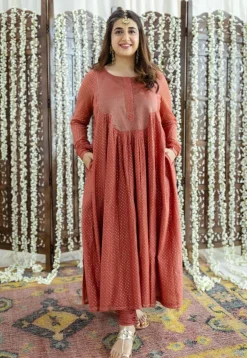Vrunda Brick Red Rogan Chanderi Silk A Line Kurta Set (Set of 3)