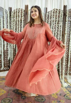 Vrunda Brick Red Rogan Chanderi Silk A Line Kurta Set (Set of 3)